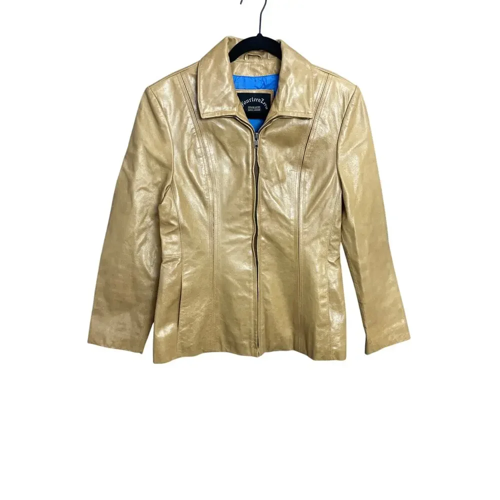 FourteenZero Beige Tan Zip Up Leather Jacket Size Medium Winter Fall Casual Chic
